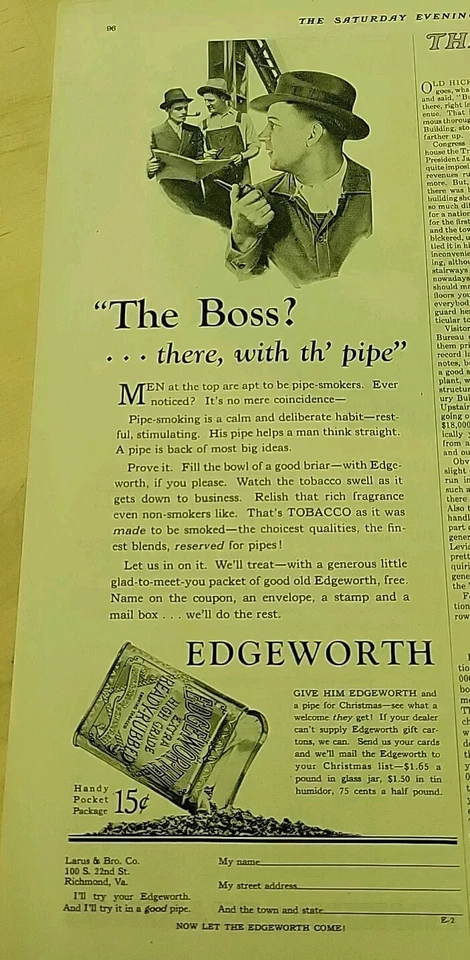 1929 Edgeworth extra high-grade pipe tobacco the boss. Vintage ad Foto 1 de 1