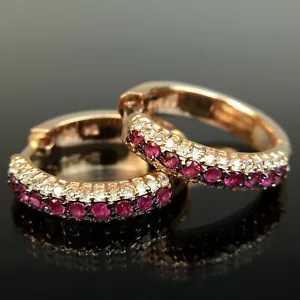 Red Ruby Hoop Women's Earrings 2Ct Round Cut Lab Created 14K Yellow Gold Plated - Picture 1 of 4