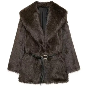 Luxury Faux Fur Lapel Coats Women With Belt Long Sleeve Pocket Coat Female - Picture 1 of 6