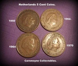 4 x Netherlands 5 Cent Coins. 1950.1962-1964.1970.AH0415. - Picture 1 of 2