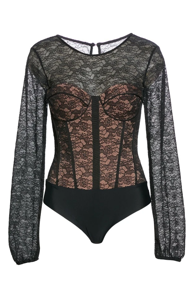 Cami NYC Women's Black Balloon Sleeve Corset Lace Bodysuit Size S