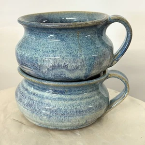 Coppia tazzine da zuppa in ceramica smaltata blu fatte a mano grandi tazzine da caffè usate in ottime condizioni firmate - Foto 1 di 12