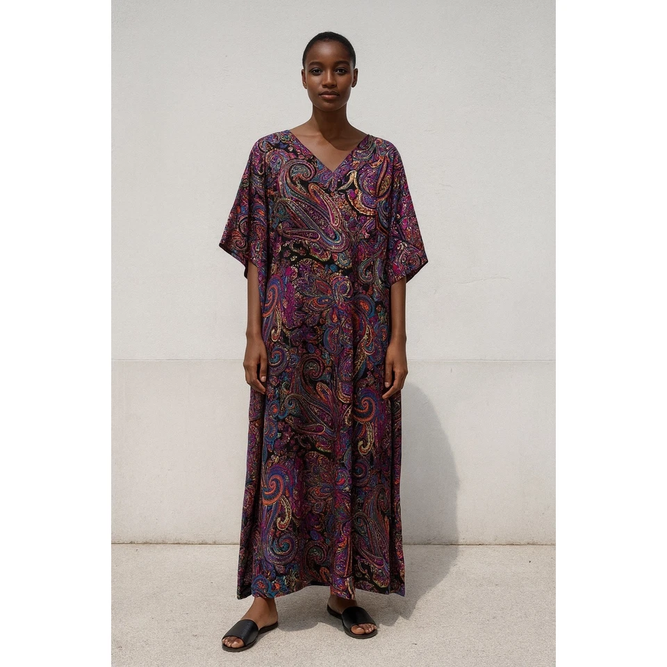 Oscar De La Renta Paisly Satén Dorado Resort Ropa Dinero Antiguo Clásico Caftán Mediano Foto 1 de 4