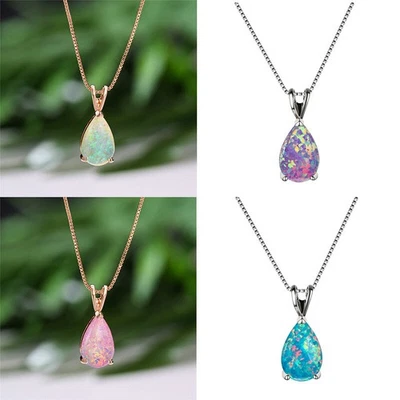 Opal Necklace Rose White Fire Gold Plated With 18" Chain Pendant Water Drop - Image 1 of 4