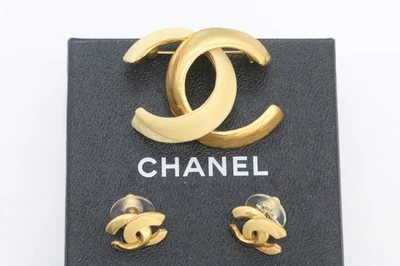 Chanel Gold Plated Bone CC Earrings Brooch Set With Box - Image 1 of 4