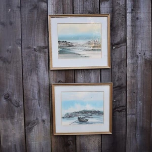 Coppia acquerelli vintage J. Marn blu paesaggio marino costal barca a vela gabbiani firmati - Foto 1 di 14