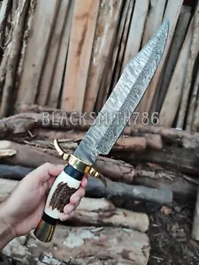 Cuchillo Bowie con cuerno de escenario de acero Damasco 16" forjado a mano hoja fija cuchillo de supervivencia - Imagen 1 de 8