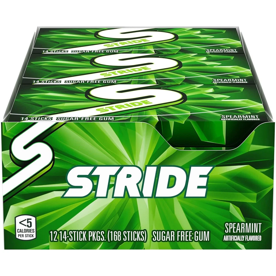 Stride Spearmint Sugar Free Gum, 12 Packs of 14 Pieces (168 Pieces)