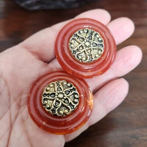 Large Vintage Orange Gold tone Clip On Earrings Stamped made in Italy - Picture 1 of 6