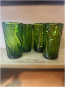 Set Of 4 Art Glass Handblown Green Swirl Controlled Bubble Glass Tumblers 6.25" - Picture 1 of 7