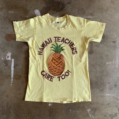 70s VINTAGE HAWAII TEACHERS CARE TOO PINEAPPLE T-SHIRT SZ S HAWAIIAN SHIRT - Image 1 of 4