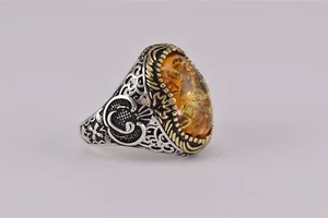Two Tone Sterling Silver Oval Yellow Amber Statement Carved Band Ring 925 Sz: 11 - Picture 1 of 7