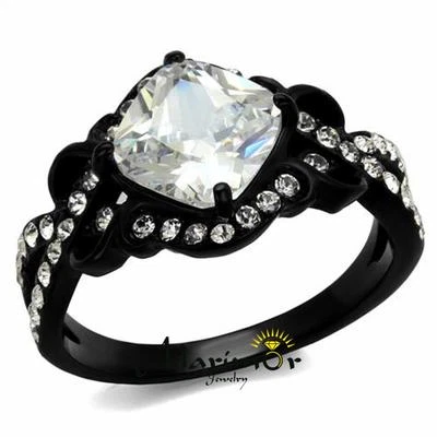 2.28 Ct Cushion Cut CZ Stainless Steel Black Engagement Ring Women's Size 5-10 - Image 1 of 4