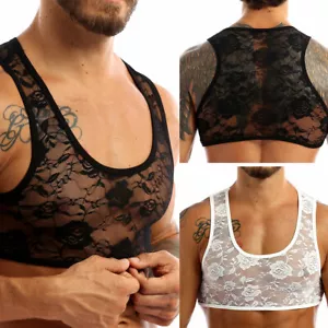 Mens Sissy Floral Lace Short Vest Sleeveless Crop Top Shirt Crossdresser AU - Picture 1 of 23