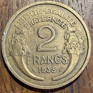 PIECE DE 2 FRANCS 1935 BRONZE-ALUMINIUM (1011) LA PLUS RARE - Picture 1 of 2