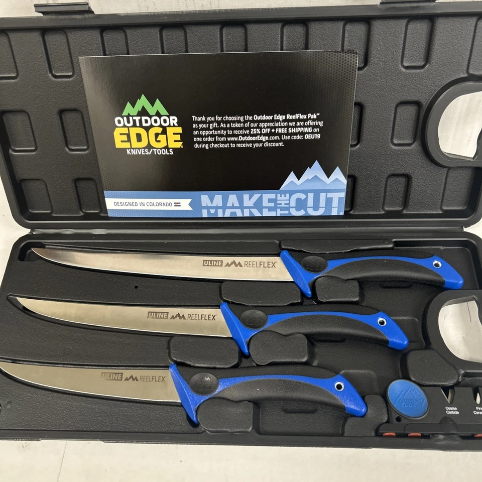 Открытый край Reelflex Pak 4 изделия филе нож комплект синий ручки в чехле новый! - Изображение 1 из 4