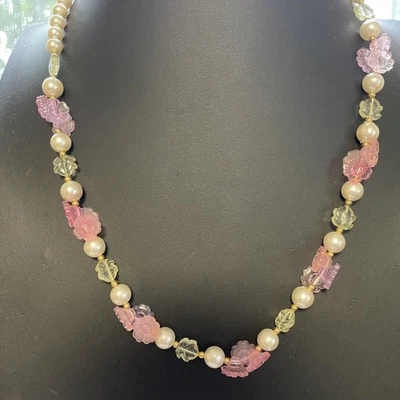 Vintage Pink Frosted Lucite Flower Necklace Faux Pearls - Image 1 of 3
