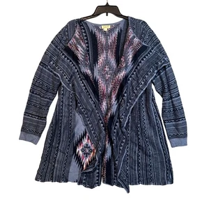 Cárdigan suéter boho One World para mujer 3X New Wave azul tejido azteca frente abierto - Imagen 1 de 11