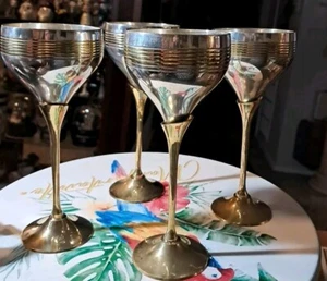 Vintage Silver Plated And Brass Wine Goblets Set Of 4 Made In India - Picture 1 of 13