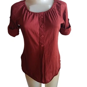 Vtg 70's Medium Womens Rust Peasant Pullover Short-Sleeve Top Roll-Tab Sleeves - Picture 1 of 5