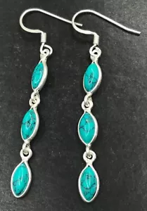Turquoise drop earrings Solid Sterling Silver marquise triple. Multistone. Box - Picture 1 of 6