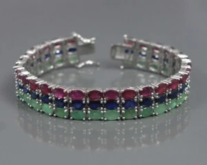 Natural Ruby & Emerald & Sapphire Gemstone 925 Sterling Silver Tennis Bracelet - Picture 1 of 6