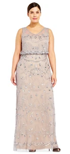 Adrianna Papell Silver Grey/Nude Sleeveless Beaded Blouson Gown Plus 16W - Picture 1 of 3