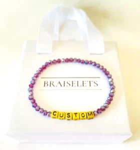 Personalized Name Bracelet 4mm Two-Tone Purple Beads Custom Gold Letters Dainty - Picture 1 of 6