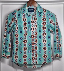 Wrangler Boys Western Shirt M (7-8) Long Sleeve Pearl Snap Aztec Youth Turquoise - Picture 1 of 8