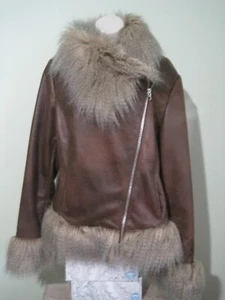 Hawke & Co Penny Lane Faux Vegan Leather Fur Trim Liner Brown Jacket Size L Boho - Picture 1 of 8