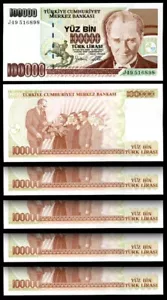 Turkey 100000 Lira 1970 - 1997, UNC, 5 PCS Consecutive LOT, P-206, Prefix J - Picture 1 of 2