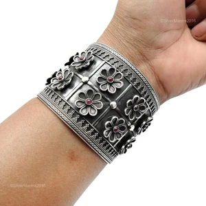 Round Ruby Gemstone Sterling Silver Thanks Giving Day Ethnic Bezel July Bangle - Picture 1 of 9