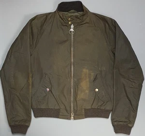Barbour Steve McQueen Merchant Wax Bomber Jacket Mens Medium Olive Green Biker - Picture 1 of 11