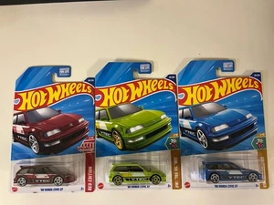 Hot Wheels 90 Honda Civic EF Lot of 3 Mainline Lime Green Blue & Red Edition - Picture 1 of 2