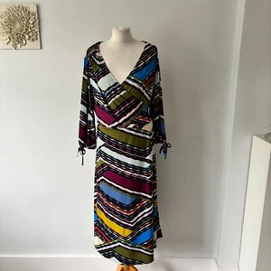 Monsoon Multicolour Geometric Print Stretchy True Wrap Dress Size 22 VGC - Picture 1 of 12