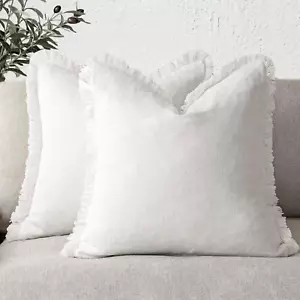 Set of 2 Decorative Linen Fringe Throw Pillow Covers Cozy Boho Farmhouse Cushion - Picture 1 of 12