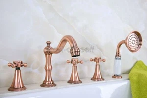 Antique Red Copper Bathroom Roman Tub Faucet Mixer Tap 5 PCS Set Hand Shower - Picture 1 of 8