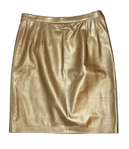 Oscar De La Renta Metallic Leather Straight Pencil Skirt Size 10 Gold - Picture 1 of 3