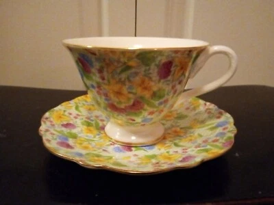 Taza de té y platillo Graces Teaware rosa amarillo púrpura verde floral borde dorado NUEVO Foto 1 de 4