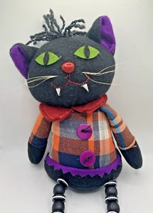 HALLOWEEN Black Cat Shelf Sitter Folk Art Style Cloth Bead Legs Primitive 17" - Picture 1 of 5