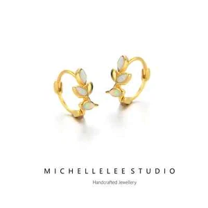 Dainty White Opal Olive Leaf Huggie Hoop Earrings in Sterling Silver - Picture 1 of 10