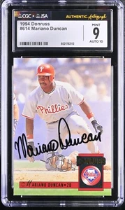 Mariano Duncan Signed 1994 Donruss Card #614 Phillies CGC 9 JSA 10 Auto - Picture 1 of 2