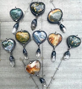 Large Jasper Stone Heart and Crystal Point Necklace~Statement Crystal Necklace - Picture 1 of 9