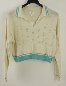 New BP Womens Size L Ivory & Blue Crochet Floral Tipped Collared V-Neck Sweater - Picture 1 of 8