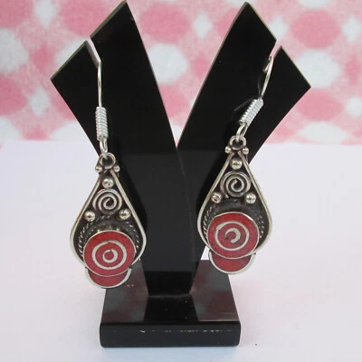 Pendientes étnicos naturales de coral rojo festival joyería diseño lágrima Foto 1 de 4