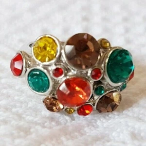 Ring ~ Multi-Colour Large Diamantes ~ Silver Tone Metal ~ UK Size M 1/2 - Picture 1 of 6