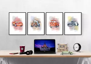 Disney Cars Watercolour Set Of 4 Prints Pictures Wall Art Poster - Picture 1 of 5