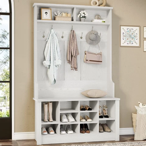 white Hall Tree with Storage Bench 3-in-1 Entryway Bench with Coat Rack Adjustab Cover