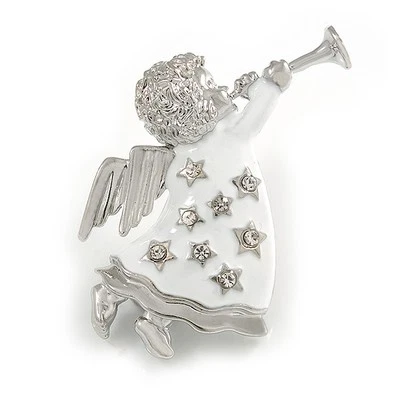 Broche ""Beautiful Angel"" esmaltado blanco tono plateado - 50 mm L Foto 1 de 4