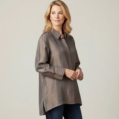 Top Chico's Silk Shantung Weldon Manga Larga Brillo Latte Gris Marrón Talla 3 XL Foto 1 de 4